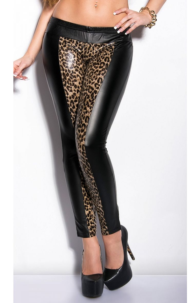 F8473 LONG PANTS WOMAN LEGGINGS LEGGINGS BLACK LEOPARD SKIN EFFECT